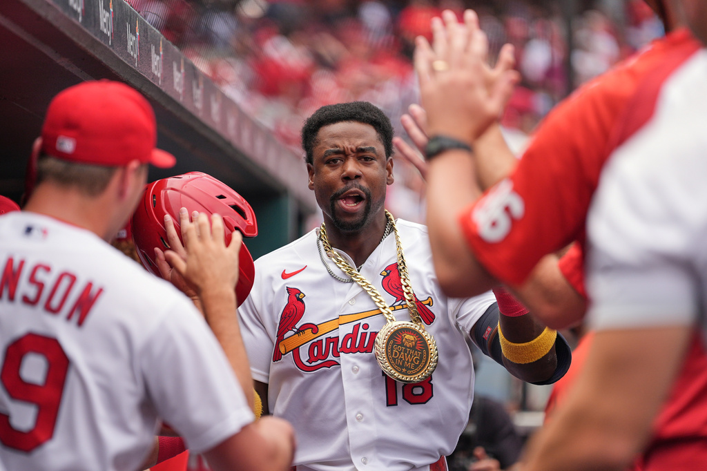 St. Louis Cardinals' Jordan Walker is congratulated by teammates after hitting a two-run home run during the first inning in the first game of a baseball doubleheader against the Milwaukee Brewers Tuesday, July 7, 2026, in St. Louis. (AP Photo/Jeff Roberson)