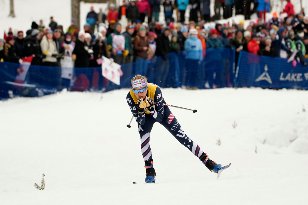 United States' Jessie Diggins competes during the women's World Cup Finals Sprint Free cross country skiing race Saturday, March 21, 2026, in Lake Placid, N.Y. (AP Photo/Robert F. Bukaty)