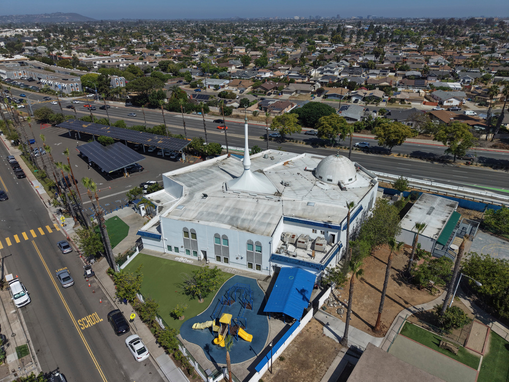 This aerial image shows the Islamic Center of San Diego, Tuesday, May 19, 2026, in San Diego. (AP Photo/Jae C. Hong)