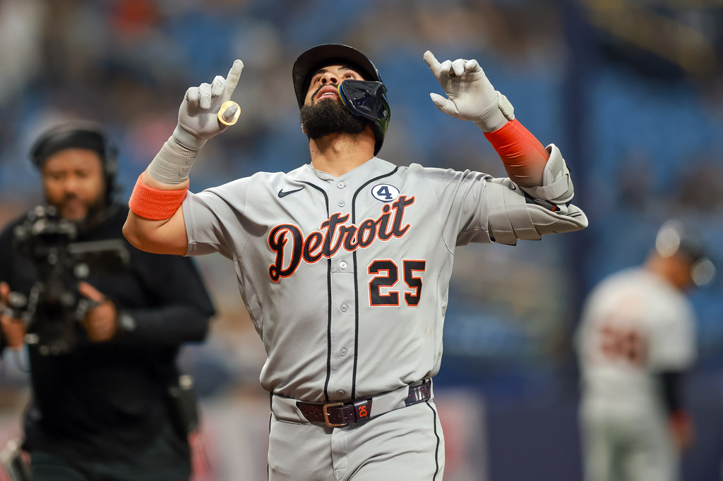 Detroit Tigers' Gleyber Torres celebrates his home run against the Tampa Bay Rays during the first inning of a baseball game Tuesday, June 2, 2026, in St. Petersburg, Fla. (AP Photo/Mike Carlson)
