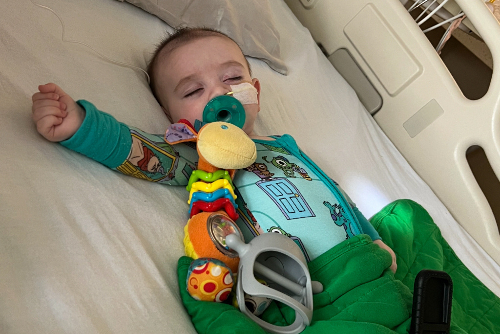 This March 2025 photo provided by Amy Mazziotti shows Hank Mazziotti, 8 months, being treated for infant botulism in Los Angeles. (Amy Mazziotti via AP)