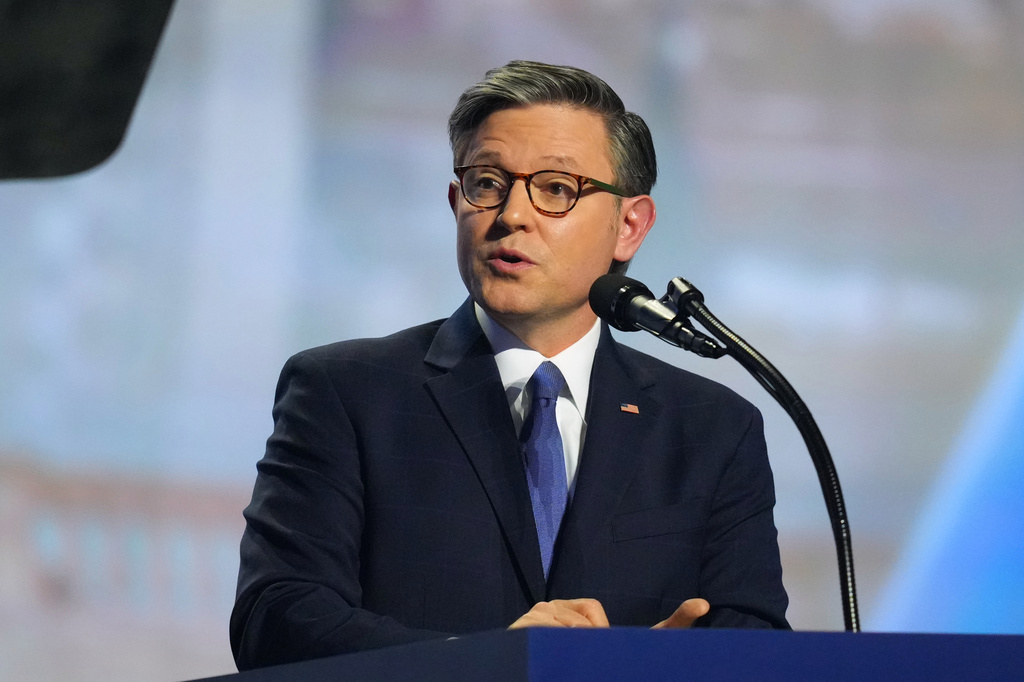 Speaker of the House Mike Johnson of Louisiana, speaks at the Republican convention Thursday, Sept. 10, 2026, in Dallas. (AP Photo/Julio Cortez)