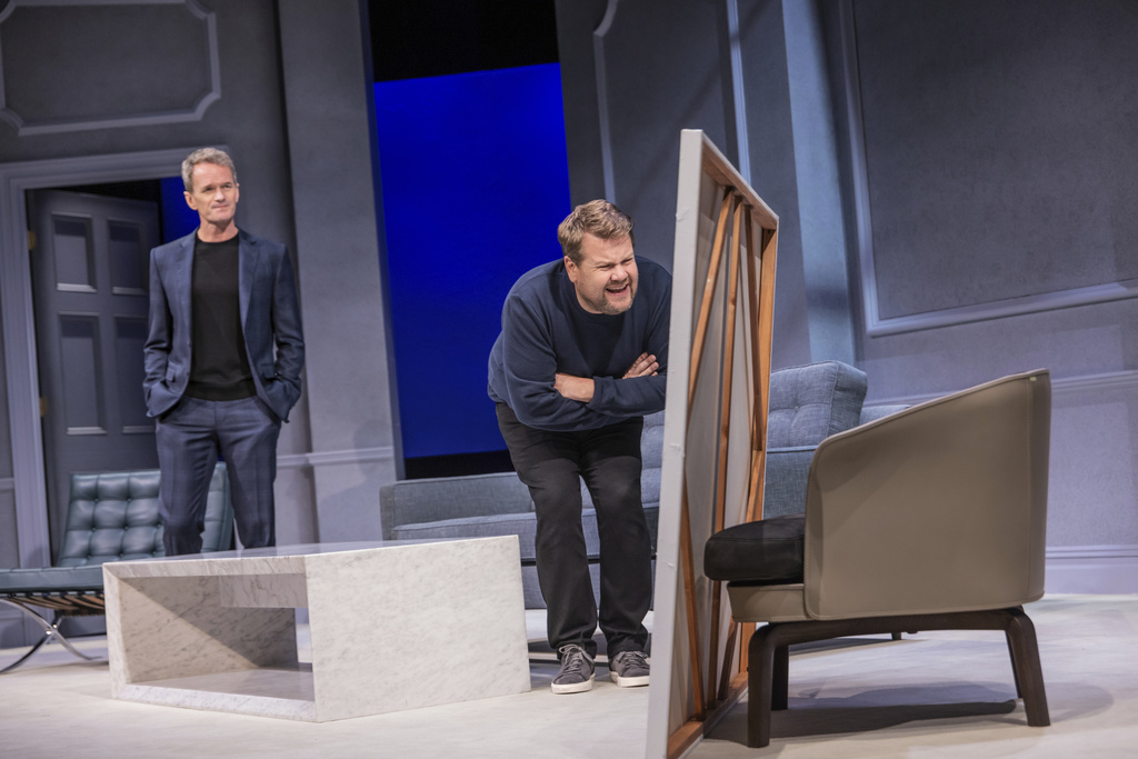 This image released by Polk & Co. shows Neil Patrick Harris, left, and James Corden during a performance of "Art" at the Music Box Theatre in New York. (Matthew Murphy/Polk & Co. via AP)