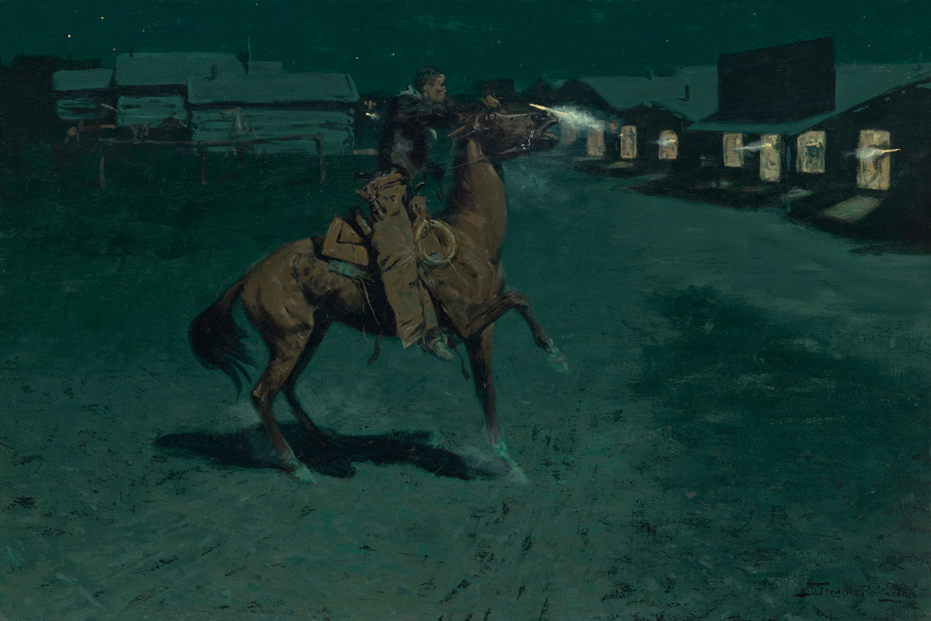 This image provided by Christie's shows Frederic Remington's painting, "Argument with the Town Marshall." (Frederic Remington/Christie's Images Ltd. via AP)