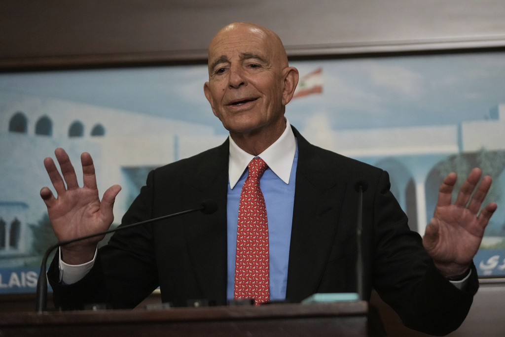 U.S. Ambassador to Turkey and Special Envoy to Syria Tom Barrack speaks during a press conference after he and other U.S. senators met with the Lebanese President Joseph Aoun, at the presidential palace in Baabda, east of Beirut, Lebanon, Tuesday, Aug. 26, 2025. (AP Photo/Hussein Malla)