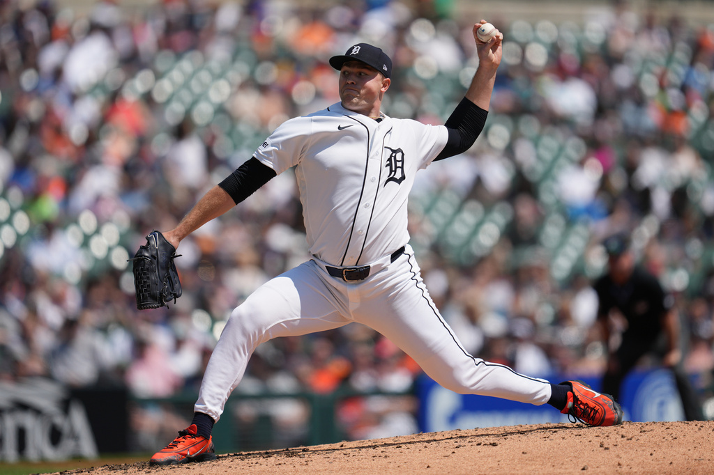 Detroit Tigers pitcher Tarik Skubal throws against the Milwaukee Brewers during the fourth inning of a baseball game Thursday, April 23, 2026, in Detroit. (AP Photo/Paul Sancya)