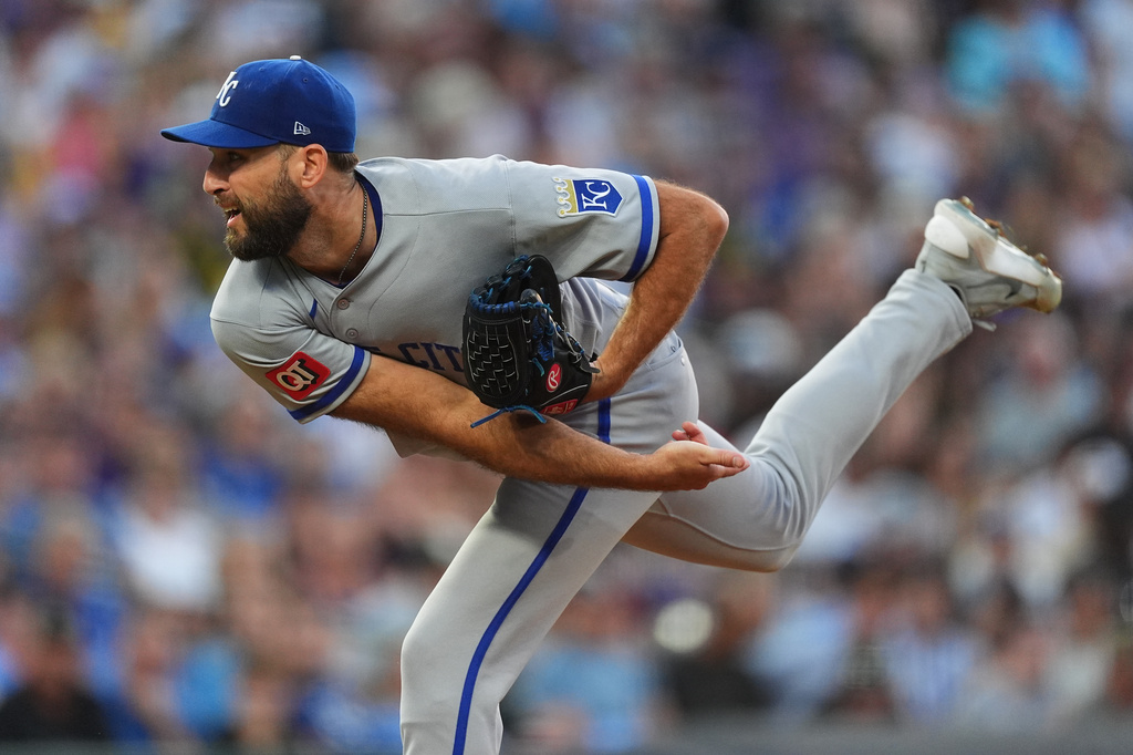 Kansas City Royals starting pitcher Michael Wacha works against the Colorado Rockies in the first inning of a baseball game Friday, July 31, 2026, in Denver. (AP Photo/David Zalubowski)