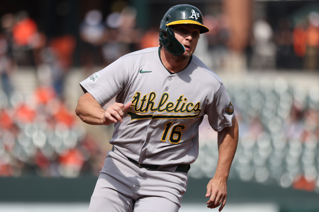 Athletics' Nick Kurtz rounds third base to score during the first inning of a baseball game against the Baltimore Orioles, Saturday, May 9, 2026, in Baltimore. (AP Photo/Daniel Kucin Jr.)