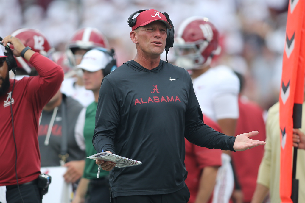 Alabama head coach Kalen DeBoer reacts to a call during the second half of an NCAA college football game in Starkville, Miss., Saturday, Oct. 3, 2026. (AP Photo/James Pugh)
