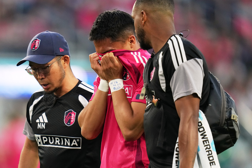 St. Louis City's Jaziel Orozco leaves the game after being injured during the first half of an MLS soccer match against Los Angeles FC Wednesday, May 13, 2026, in St. Louis. (AP Photo/Jeff Roberson)