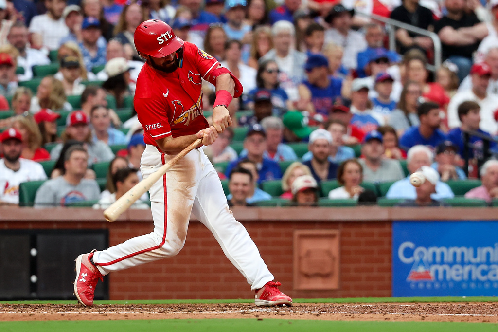 St. Louis Cardinals' Thomas Saggese hits a solo home run during the fourth inning of a baseball game against the Chicago Cubs, Friday, May 29, 2026, in St. Louis. (AP Photo/Scott Kane)