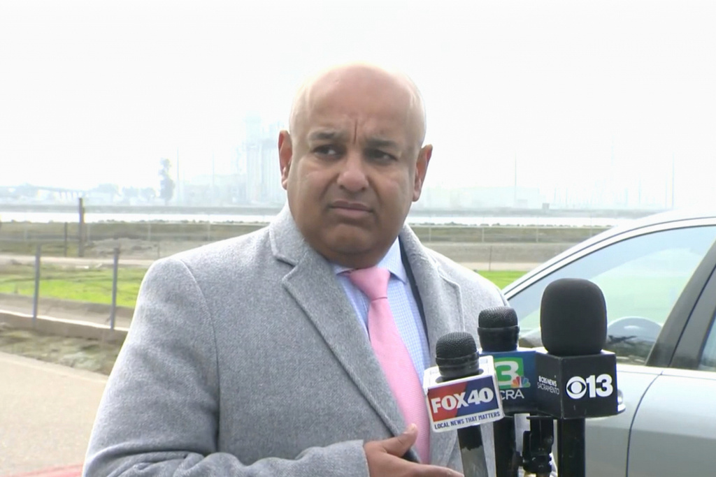 This image taken from video provided by KCRA shows Sacramento County Sheriff's Office public information officer Sgt. Amar Gandhi addressing the media, Tuesday, Dec. 2, 2025, in San Joaquin County, Calif. (KCRA via AP)