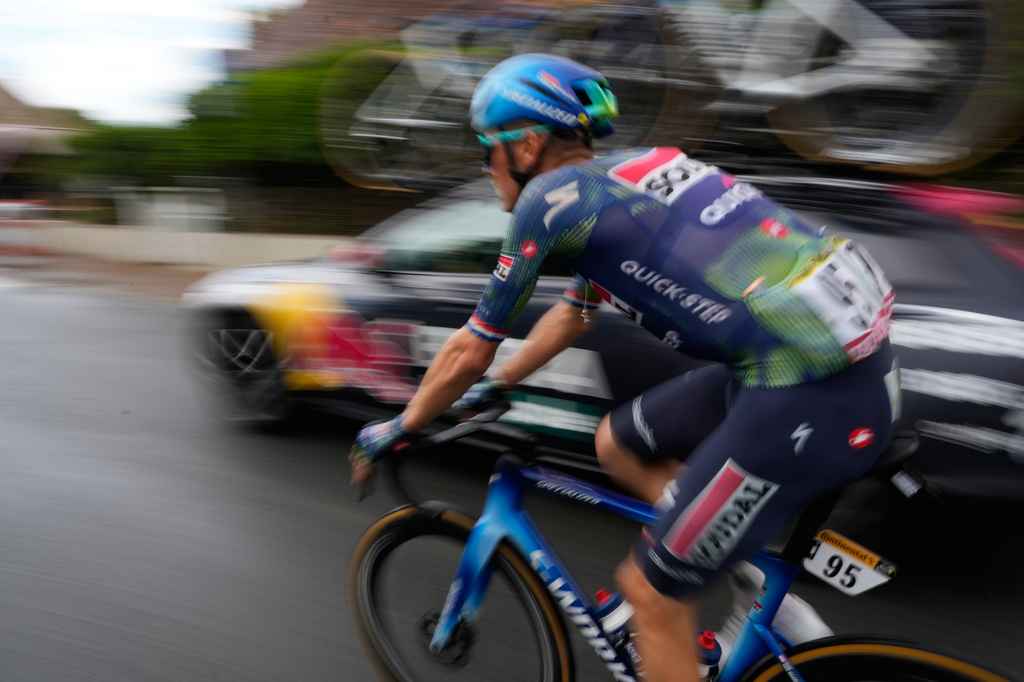 Netherland's Dylan Van Baarle rides during the eleventh stage of the Tour de France cycling race with start in Vichy and finish in Nevers, France, Wednesday, July 15, 2026. (AP Photo/Mosa'ab Elshamy)