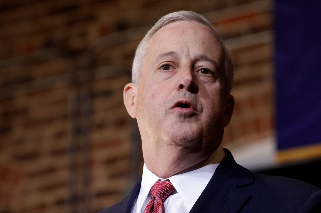 FILE - North Carolina Republican candidate for Senate Michael Whatley addresses a crowd, March 13, 2026, in Rocky Mount, N.C. (AP Photo/Chris Seward, File)