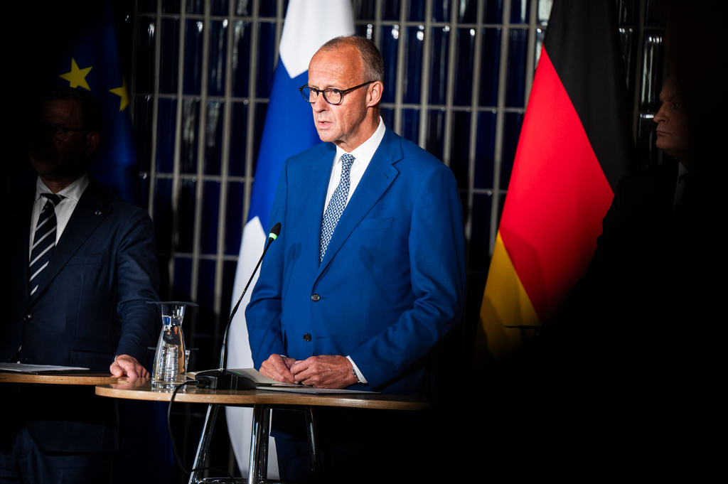 German Chancellor Friedrich Merz speaks during a press conference as part of the European Arctic Summit in Rovaniemi, Finland, Monday, Sept. 14, 2026. (Jouni Porsanger/Lehtikuva via AP)