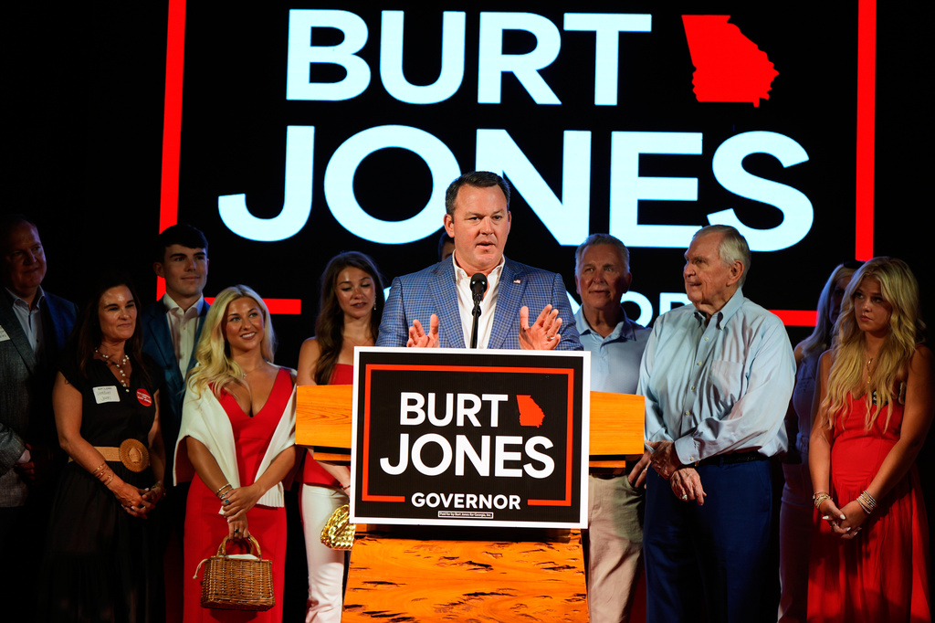 Georgia gubernatorial candidate Burt Jones speaks during a primary election night watch party, Tuesday, May 19, 2026, in Jackson, Ga. (AP Photo/Mike Stewart)