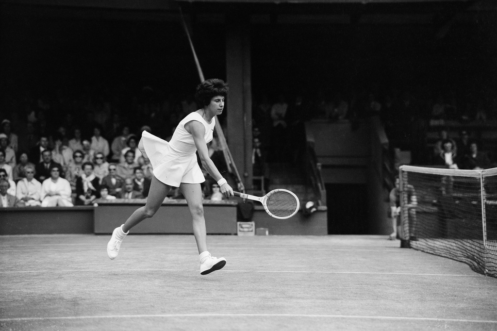 FILE - Maria Bueno, of Brazil, plays against Lesley Turner, of Australia, in their women's singles quarter finals match at the All-England Lawn Tennis Championships at Wimbledon in London on July 3, 1962. (AP Photo, File)