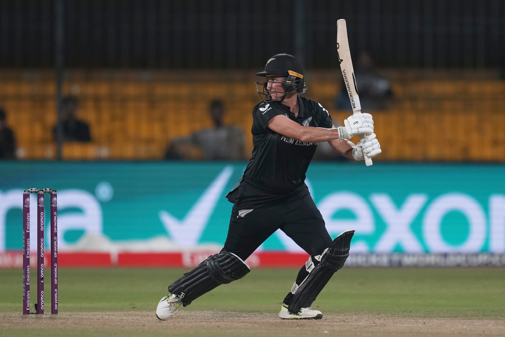 New Zealand's captain Sophie Devine plays a shot during the ICC Women's Cricket World Cup cricket match between New Zealand and Australia at Holkar Cricket Stadium in Indore, India, Wednesday, Oct. 1, 2025. (AP Photo/Rafiq Maqbool)