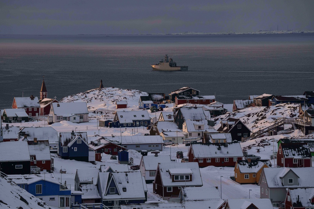 Military vessel HDMS Knud Rasmussen of the Royal Danish Navy patrols near Nuuk, Greenland, Thursday, Jan. 15, 2026. (AP Photo/Evgeniy Maloletka)