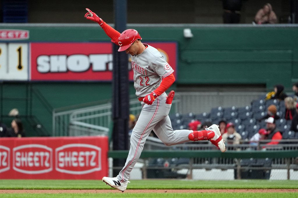 Cincinnati Reds' JJ Bleday celebrates as he rounds the bases on his two run home run off of Pittsburgh Pirates pitcher Chris Devenski in the sixth inning of a baseball game in Pittsburgh, Saturday, May 2, 2026. (AP Photo/Tom E. Puskar)