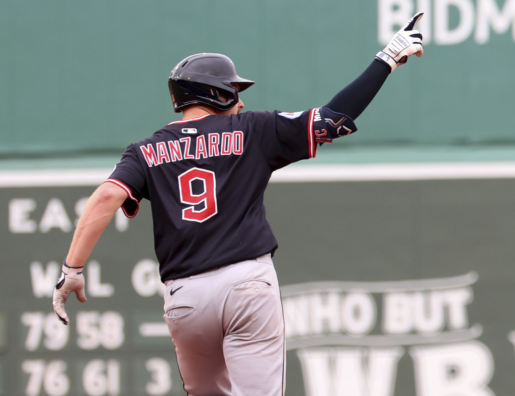 Cleveland Guardians' Kyle Manzardo gestures after hitting a home run during the eighth inning of a baseball game against the Boston Red Sox, Monday, Sept. 1, 2025, in Boston. (AP Photo/Mark Stockwell)
