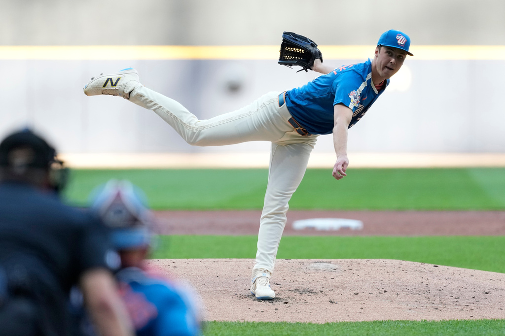 Milwaukee Brewers' Jacob Misiorowski pitches during the second inning of a baseball game against the Philadelphia Phillies, Friday, June 12, 2026, in Milwaukee. (AP Photo/Aaron Gash)