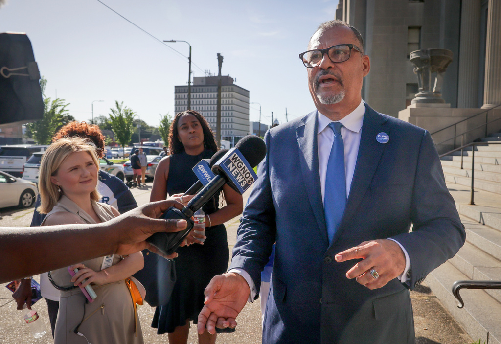 New Orleans City Councilmember Oliver Thomas talks with members of the press after submitting his qualifying paperwork to run for mayor on Wednesday, July 9, 2025. (Brett Duke/The Times-Picayune/The New Orleans Advocate via AP)