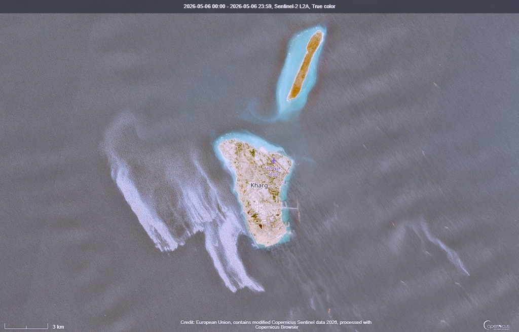 This satellite image provided by European Space Agency shows an apparent oil spill in the Persian Gulf off the western side of Kharg Island, Iran’s main crude oil export terminal, on Wednesday, May 6, 2026. ( European Space Agency via AP)