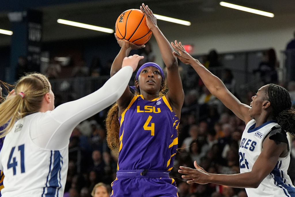 Louisiana State guard Flau'Jae Johnson (4) shoots against Georgia Southern during the first half of an NCAA women's basketball game, Sunday, Nov. 9, 2025, in Statesboro. (AP Photo/Mike Stewart)