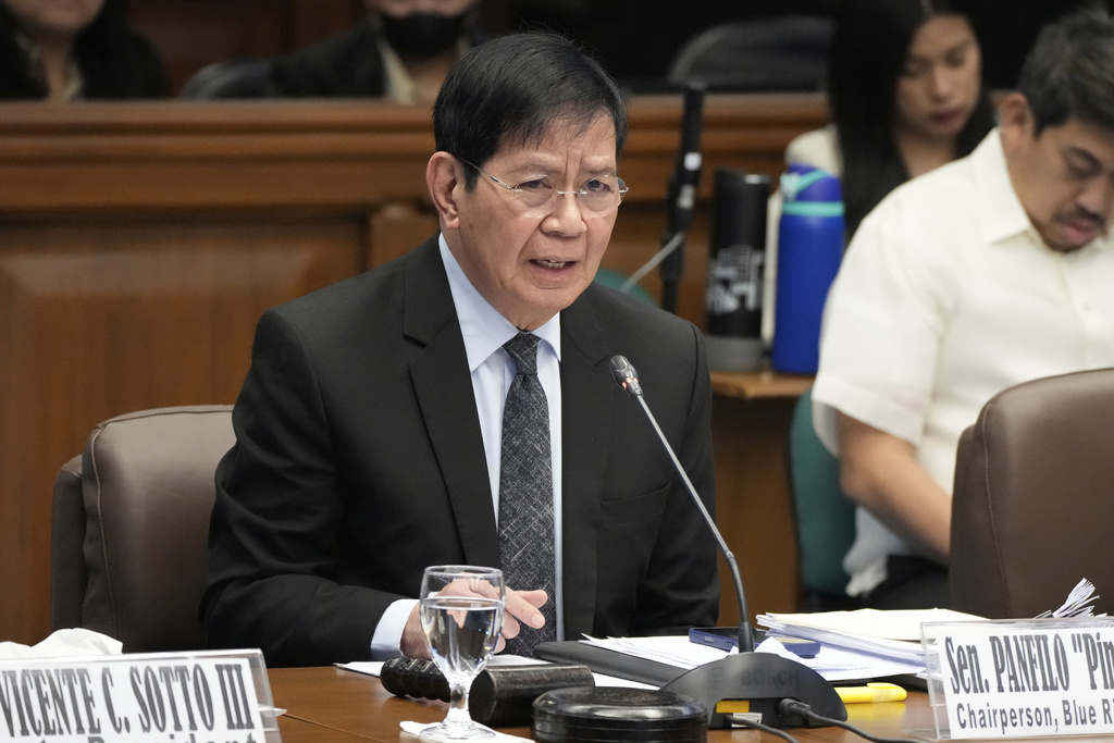 Senator Panfilo Lacson, chairperson Senate Blue Ribbon committee speaks during investigations on flood-control projects in Pasay city, Philippines on Tuesday, Sept. 23, 2025. (AP Photo/Aaron Favila)