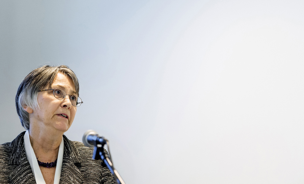 FILE - Chief Prosecutor Brenda Hollis speaks to the media in Leidschendam, near The Hague, Netherlands, Sept. 26, 2013. (AP Photo/Koen van Weel, Pool)
