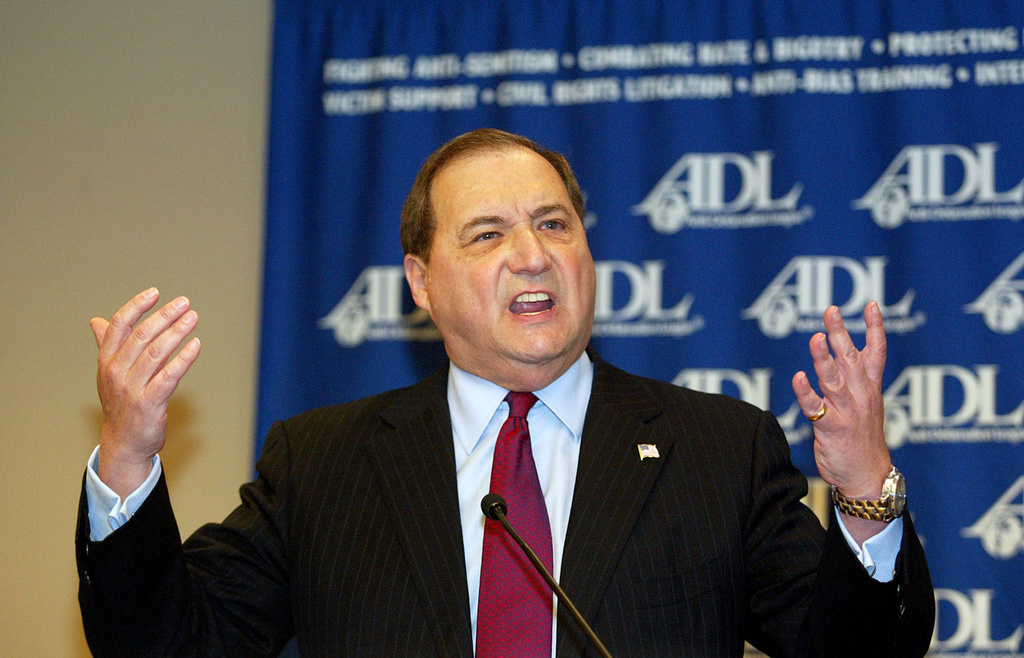 FILE - In this Feb. 25, 2004 file photo, Abe Foxman, national director of the Anti-Defamation League, speaks to reporters at the ADL's office in New York. (AP Photo/David Karp, File)