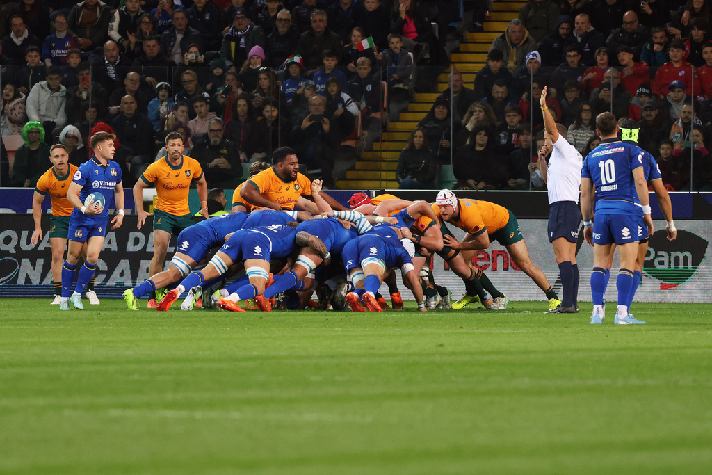 The scrum during the rugby union match between Italy and Australia in Udine, Italy, Saturday, Nov. 8, 2025. (Andrea Bressanutti/LaPresse via AP)
