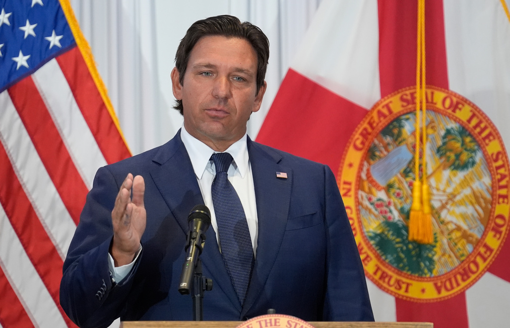 FILE - Florida Gov. Ron DeSantis speaks during a news conference, Aug. 12, 2025, in Tampa, Fla. (AP Photo/Chris O'Meara, File)