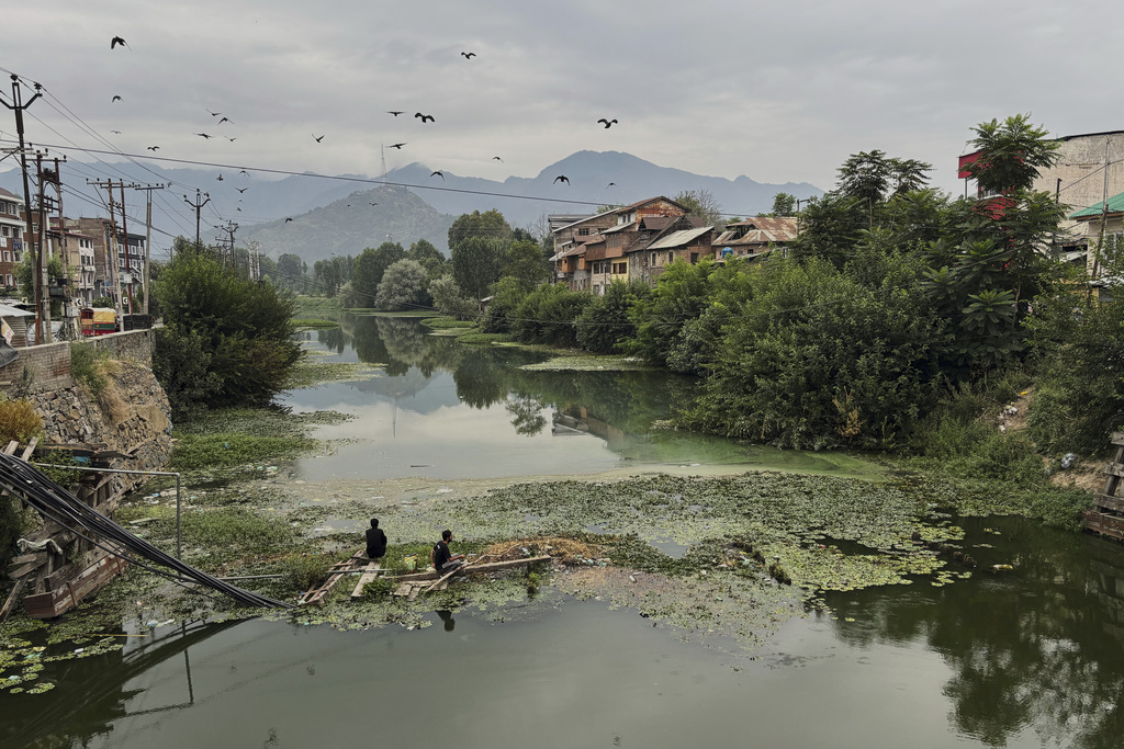 Birds fly overhead as men fish in a polluted canal in Srinagar, Indian-controlled Kashmir, Aug. 14, 2025. (AP Photo/Mukhtar Khan)