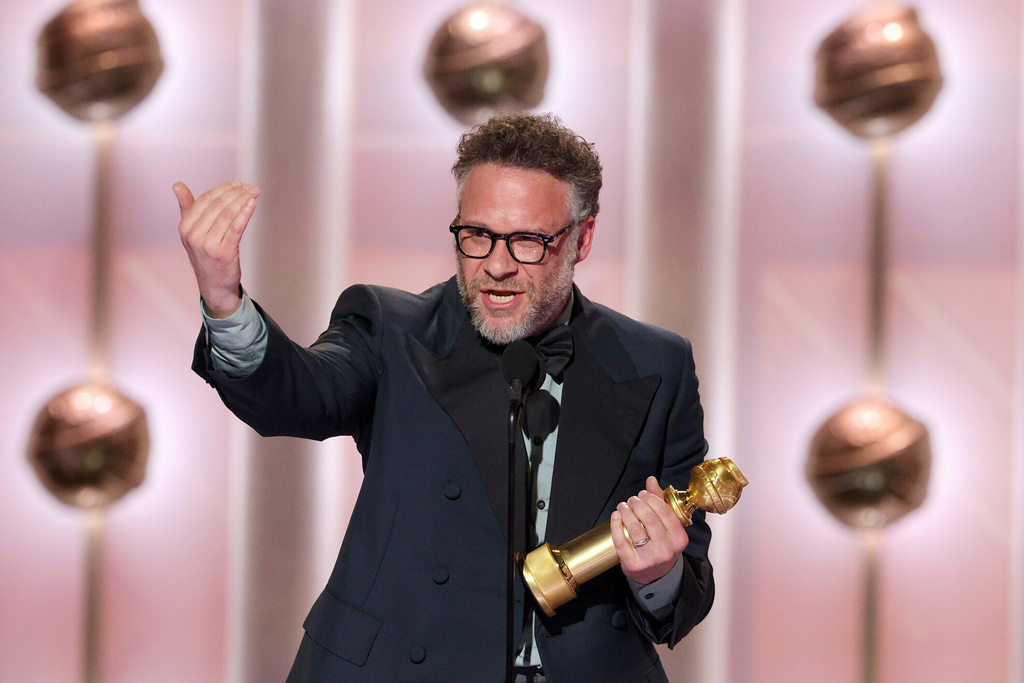 This image released by CBS Broadcasting shows Seth Rogen accepting the award for best performance by a lead actor in a TV Series – musical or comedy for "The Studio," during the 83rd Golden Globes on Sunday, Jan. 11, 2026, at the Beverly Hilton in Beverly Hills, Calif. (Kevork Djansezian/CBS Broadcasting via AP)