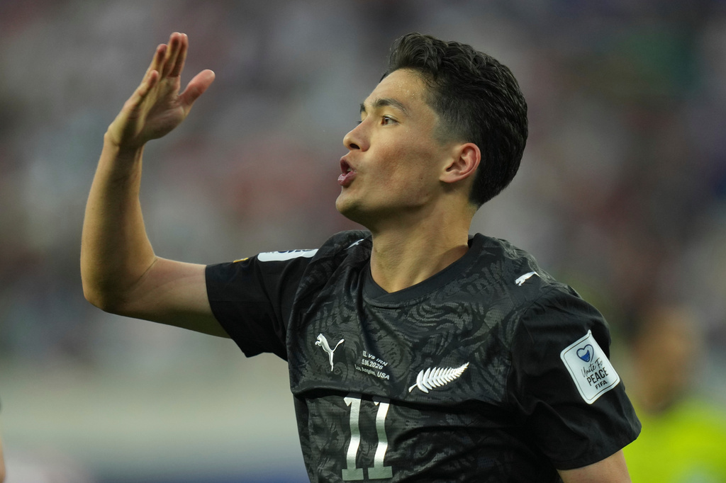 New Zealand's Elijah Just (11) celebrates after scoring a goal during the World Cup Group G soccer match between Iran and New Zealand in Inglewood, Calif., near Los Angeles, Monday, June 15, 2026. (AP Photo/Andre Penner)