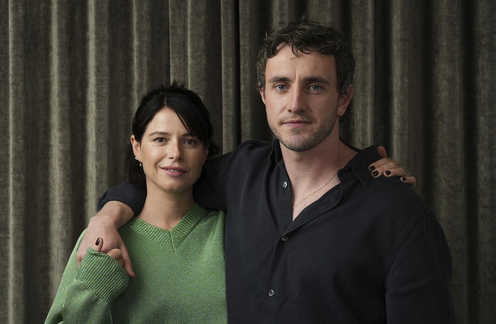 Jessie Buckley, left, and Paul Mescal, cast members in the film "Hamnet," pose for a portrait during the Toronto International Film Festival on Sept. 7, 2025. (AP Photo/Chris Pizzello)