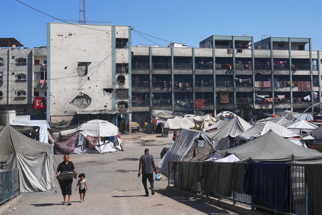 Tents are seen at UN school used as a shelter for displaced Palestinians in Khan Younis, Tuesday, Sept 30, 2025. (AP Photo/Jehad Alshrafi)