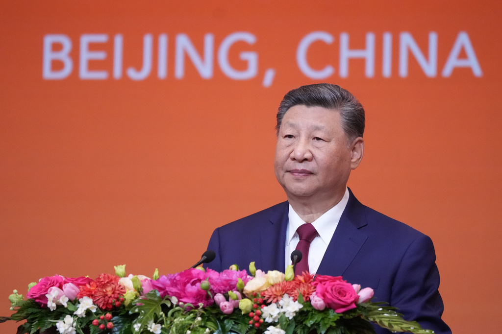 Chinese President Xi Jinping speaks during a state dinner with President Donald Trump at the Great Hall of the People on Thursday May 14, 2026, in Beijing. (AP Photo/Mark Schiefelbein)
