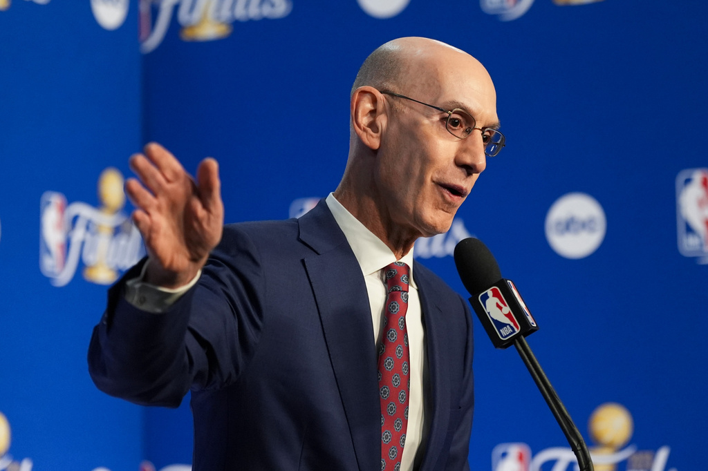 NBA Commissioner Adam Silver speaks prior to Game 1 of the NBA Finals basketball series between the New York Knicks and the San Antonio Spurs, Wednesday, June 3, 2026, in San Antonio. (AP Photo/Eric Gay)