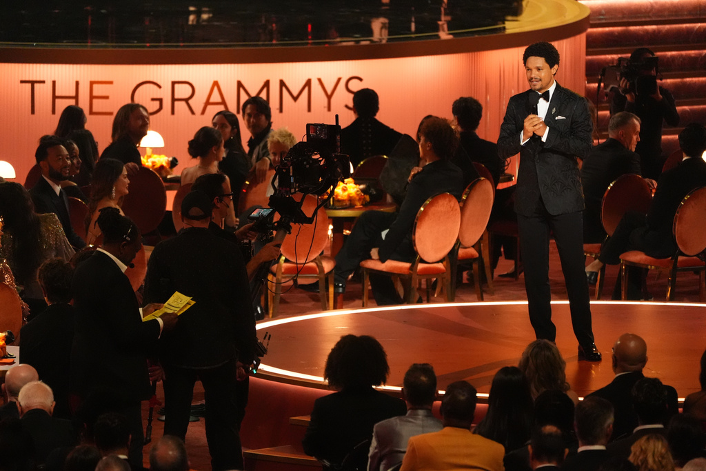 Host Trevor Noah speaks during the 68th annual Grammy Awards on Sunday, Feb. 1, 2026, in Los Angeles. (AP Photo/Chris Pizzello)