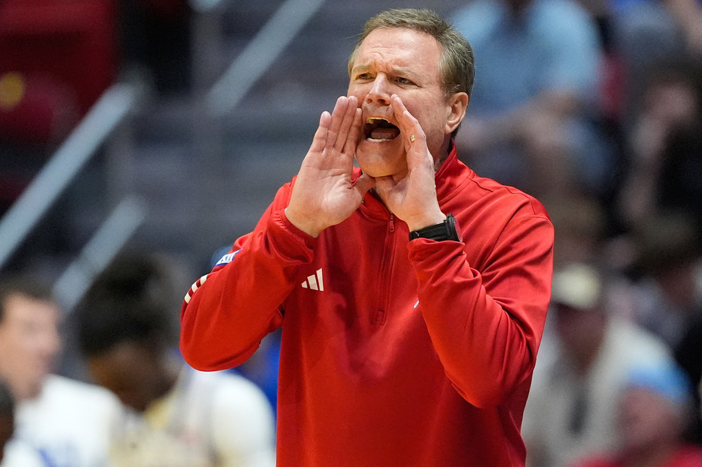 Kansas head coach Bill Self reacts as the team plays California Baptist during the first half in the first round of the NCAA college basketball tournament Friday, March 20, 2026, in San Diego. (AP Photo/Mark J. Terrill)
