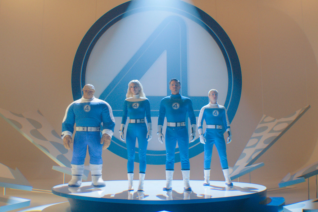 This image release by 20th Century Studios/Marvel Studios shows, from left, Ebon Moss-Bachrach as Ben Grimm/The Thing, Vanessa Kirby as Sue Storm/Invisible Woman, Pedro Pascal as Reed Richards/Mister Fantastic and Joseph Quinn as Johnny Storm/Human Torch, in a scene from "The Fantastic Four: First Steps." ( 20th Century Studios/Marvel Studios via AP)