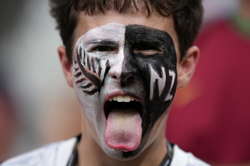 A New Zealand fan cheers from the stands prior to first half World Cup Group G soccer action against Egypt in Vancouver, British Columbia, Sunday, June 21, 2026. (Darryl Dyck/The Canadian Press via AP)