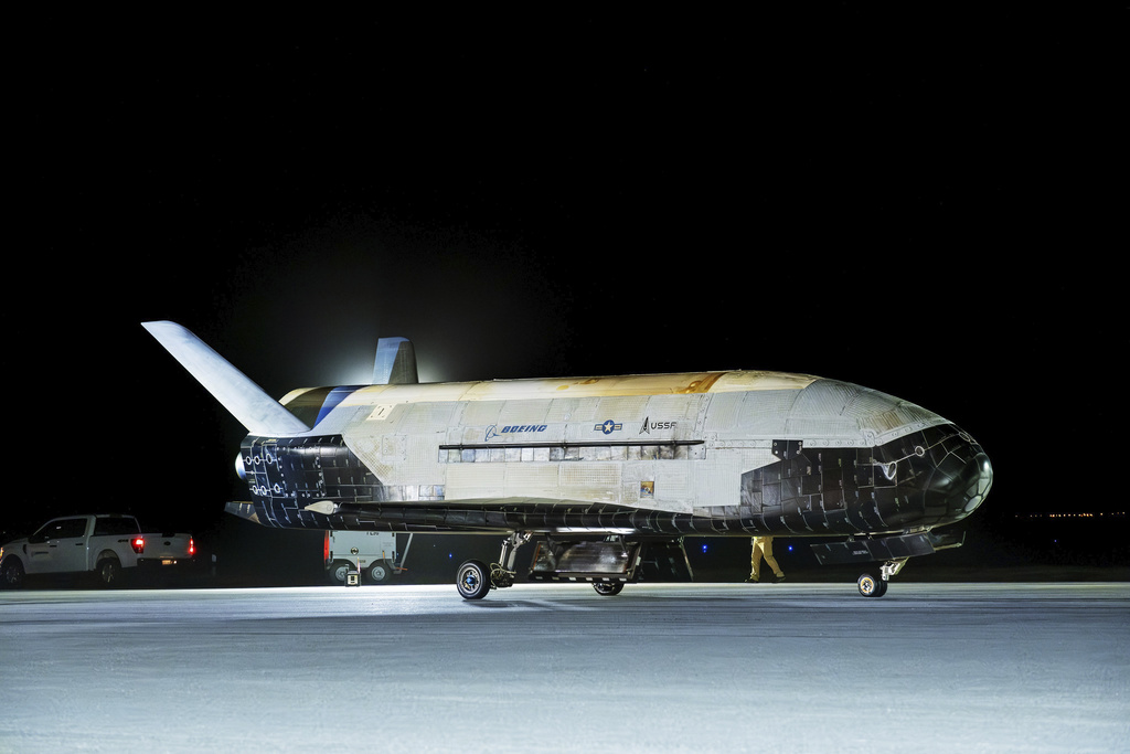 This photo provided by United States Space Force the X-37B Orbital Test Vehicle-7 (OTV-7), the U.S. Space Force's dynamic unmanned spaceplane, successfully deorbited and landed at Vandenberg Space Force Base, Calif., March 7, 2025. (United States Space Force via AP)