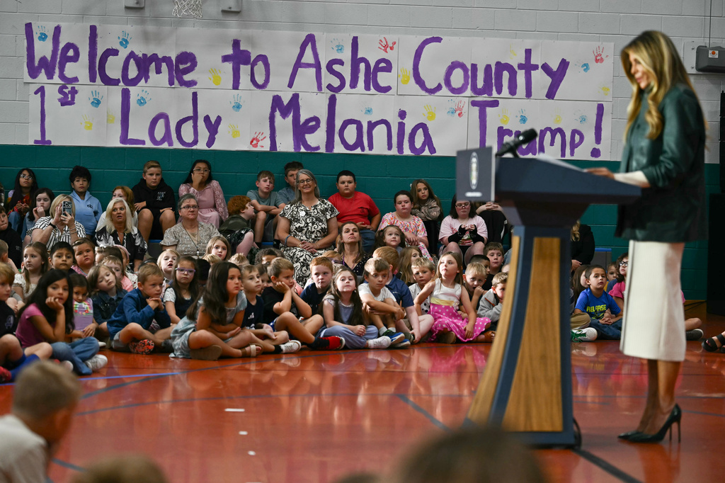 First Lady Melania Trump speaks to students at Mountain View Elementary School in Jefferson, N.C., Tuesday, Sept. 15, 2026. (Kent Nishimura/Pool Photo via AP)