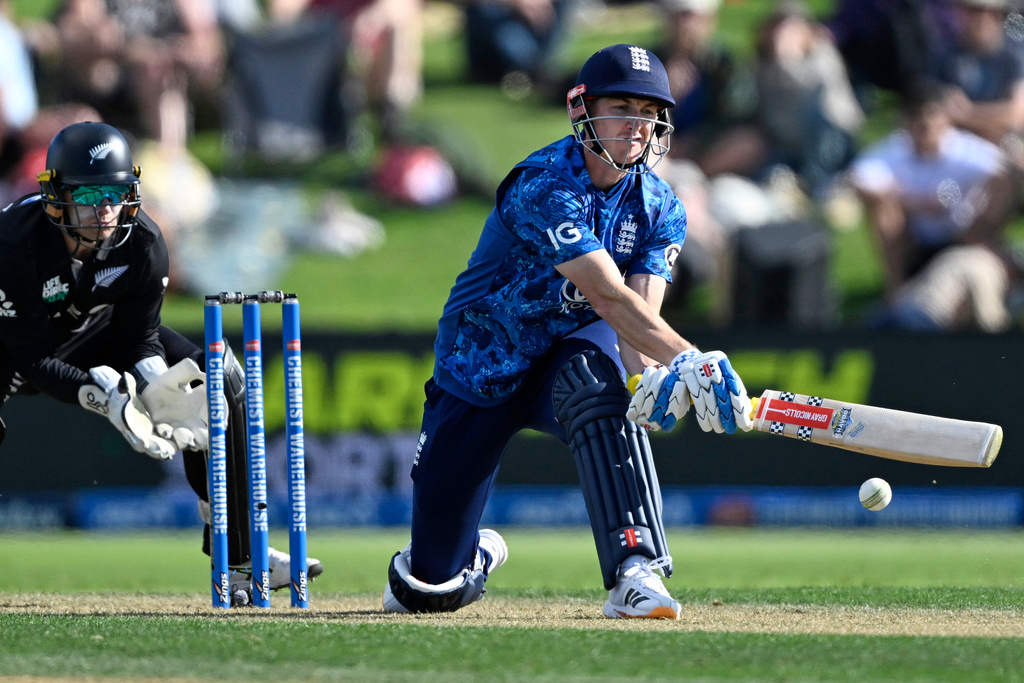 England's Harry Brook bats during the One Day international cricket match between New Zealand and England in Mt Maunganui, New Zealand, Sunday, Oct.26, 2025. (Andrew Cornaga/Photosport via AP)