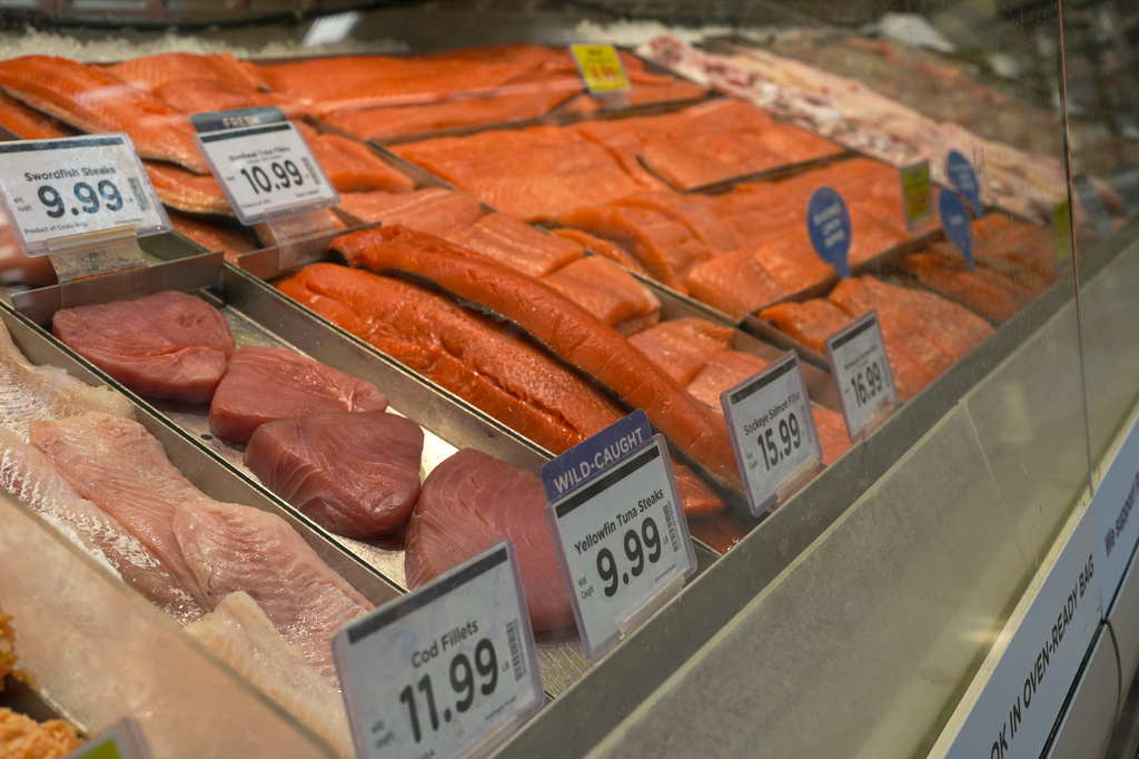 Fresh fish are seen at a grocery store Monday, May 11, 2026, in Nashville, Tenn. (AP Photo/George Walker IV)