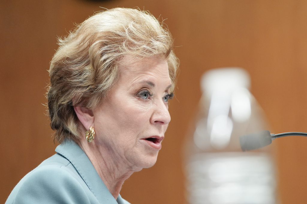 Education Secretary Linda McMahon testifies during a Senate Committee on Appropriations subcommittee hearing to examine proposed budget estimates and justification for fiscal year 2027 for the Department of Education on Capitol Hill, Tuesday, April 28, 2026, in Washington. (AP Photo/Mariam Zuhaib)